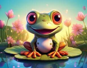 Canvas Print - Cute Cartoon Frog Sitting on a Lilly pad in a Pond with Flowers