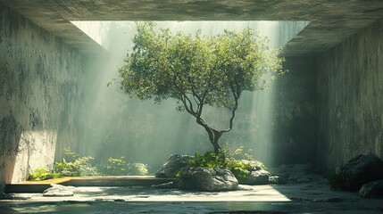 Wall Mural - Minimalist Concrete Architecture with Tree and Sunlight