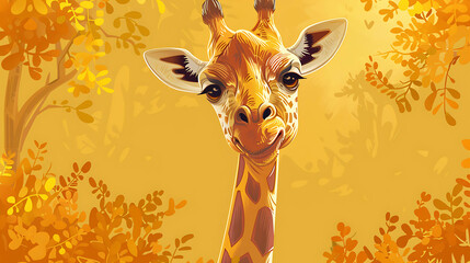 Wall Mural - A cute giraffe peeking out from behind some foliage, a bright yellow background behind it.