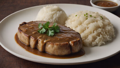 Wall Mural - pork chops smothered in onion gravy with rice