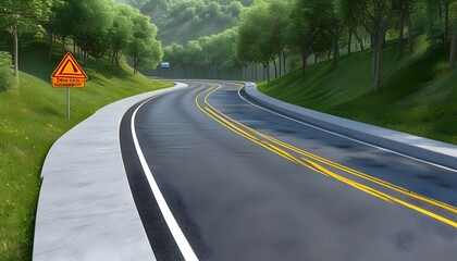 Wall Mural - Curved 3D Road Render Showcasing Freedom and Journey with Concrete Carriageway and Line Markings