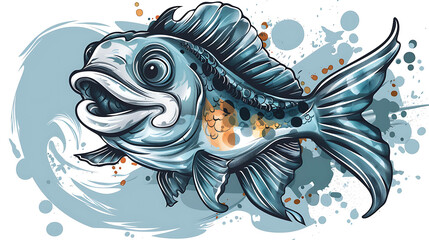 Wall Mural - A colorful cartoon fish with an open mouth, splashes of blue paint in the background.