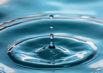 Close-up of a water droplet mid-fall, creating ripples on the surface.