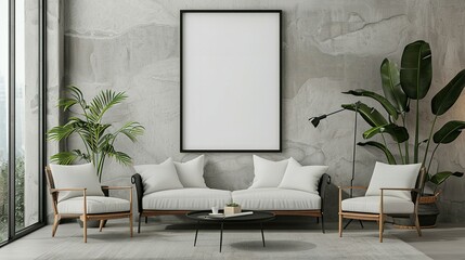 Modern Living Room with White Sofa, Two Armchairs, and Large Blank Canvas