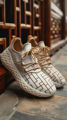 A pair of stylish athletic shoes with intricate patterns sits on a tiled floor beside a beautifully carved wooden wall, showcasing modern design