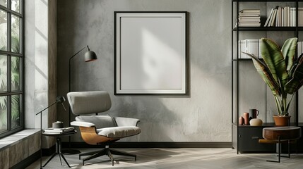 Modern living room with grey armchair, a large framed artwork, and a plant on a shelf