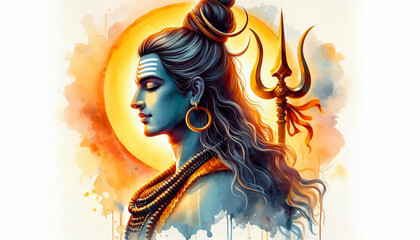 portrait of colorful watercolor Indian Hindu religious god Shiva, for the religious, Hindu festival Maha Shivratri concept