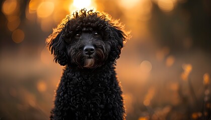 Wall Mural - Charming curly-haired dog in a stylish black coat, basking in warm bokeh lights during the enchanting golden hour outdoors