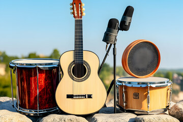 Acoustic guitar, snare drum, and two microphones on a rock in front of a green forest.