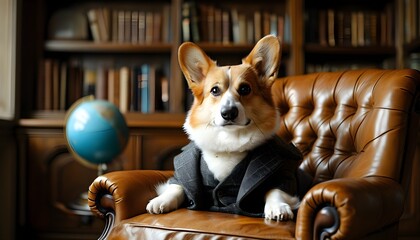 Wall Mural - Dapper Corgi in a sophisticated study surrounded by books, a globe, and plush leather furnishings