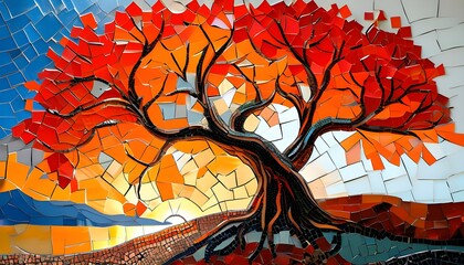 Wall Mural - Energetic mosaic tree in vivid red and orange, capturing the essence of growth and creativity in a stunning artistic nature scene