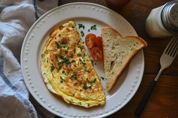 Delicious breakfast omelet with fresh tomatoes and toast on rustic table