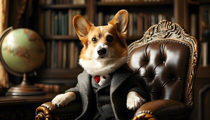 Wall Mural - Dapper Corgi in a sophisticated study surrounded by books, a globe, and plush leather furnishings