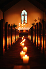 A serene church interior with lit candles along the aisle leading to an altar under a stained glass window, creating a peaceful and sacred atmosphere.