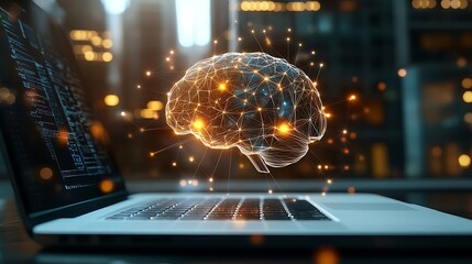 Poster - Digital Brain Hovering Above Laptop Connected by Neural Pathways Symbolizing AI and Machine Learning