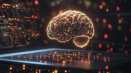 Poster - Digital Brain Hovering Above Laptop Connected by Neural Pathways Symbolizing AI and Machine Learning