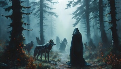 Wall Mural - Mystical gathering of supernatural beings in a fog-shrouded forest with swirling enchanted mist