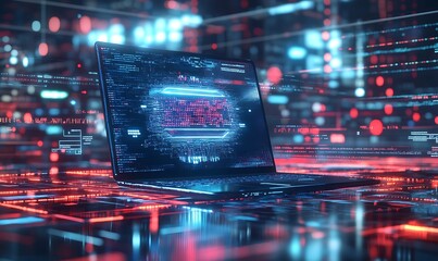 Laptop with Holographic AI Interface Emerging Amid Digital Circuits and Binary Code