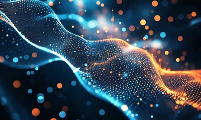 Fototapete - Beautiful abstract visualization of digital waves with glowing particles in vibrant blue and orange colors