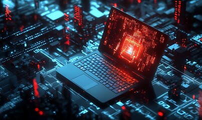 Aufkleber - Laptop with Holographic AI Interface Emerging Amid Digital Circuits and Binary Code