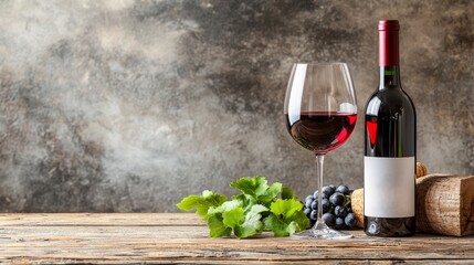 Red wine bottle with a glass and grapes on a rustic wooden table.