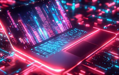 Poster - Abstract AI Representation Connecting Laptop to Glowing Futuristic Cityscape