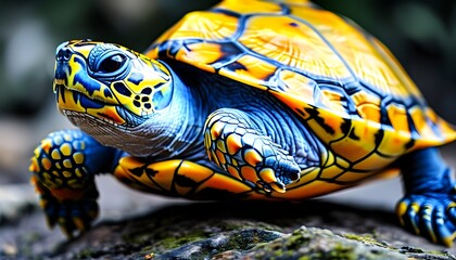 Vibrant closeup of a Northern Map Turtle showcasing intricate yellow, orange, and black shell patterns along with striking blue limbs and head adorned with colorful stripes