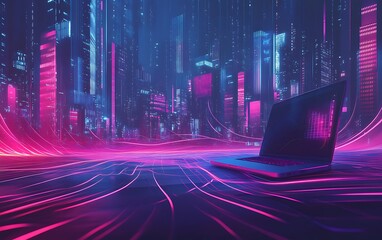 Poster - Abstract AI Representation Connecting Laptop to Glowing Futuristic Cityscape