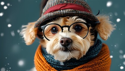 Charming canine in stylish winter attire complete with hat, glasses, and scarf, capturing the essence of seasonal pet fashion