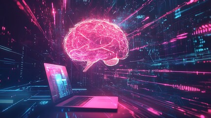 Aufkleber - Glowing Digital Network Connecting Laptop to Large AI Brain with Flowing Data Lines
