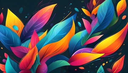 Wall Mural - Dynamic Kaleidoscope of Motion: Vibrant Abstract Leaves Dancing Against a Dark Backdrop