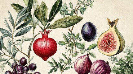 Wall Mural - Detailed exotic fruits watercolor illustration on light background