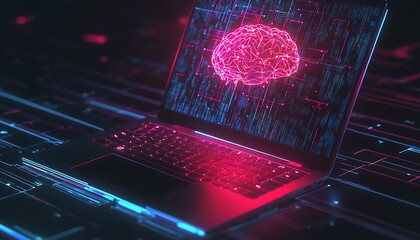 Aufkleber - Laptop with Glowing Neural Pathways Forming Digital Brain Above, Symbolizing AI and Machine Learning