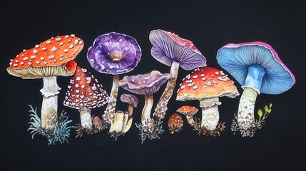 Wall Mural - Detailed botanical drawing showcasing Amanita muscaria and and other mushrooms