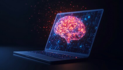 Aufkleber - Laptop with Glowing Neural Pathways Forming Digital Brain Above, Symbolizing AI and Machine Learning
