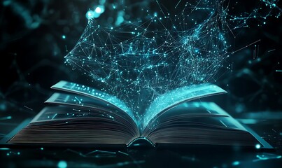 Poster - Machine Learning Visualized as Digital Book with Holographic Pages and Data Nodes