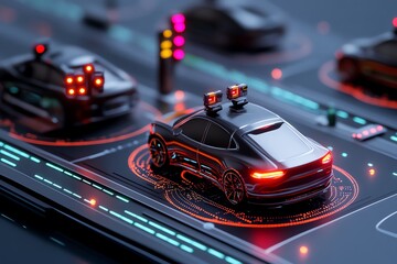 Digital 3D model of a futuristic traffic control system, where cars, signals, and road layouts are controlled and monitored in a 3D interface