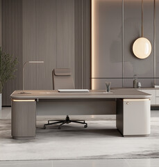  L-S marked wood and metal desk with a miscellaneous design, a desk with a cabinet and back panel in a grey-white color combination, rectangular in shape, with a modern style, and metal legs for the f