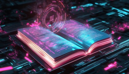 Poster - Digital Book with Holographic Pages Displaying Machine Learning Models and Code