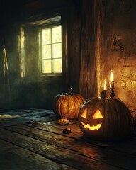 Poster - spooky pumpkins with candlelight in dimly lit room