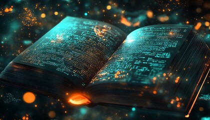 Poster - Abstract Digital Book with Holographic Pages and Machine Learning Diagrams in Glowing Data Space