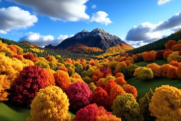 Aufkleber - Digital 3D rendering of an autumn mountain landscape, where users can explore a fully interactive virtual forest filled with colorful trees, valleys, and peaks