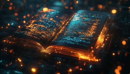 Poster - Abstract Digital Book with Holographic Pages and Machine Learning Diagrams in Glowing Data Space