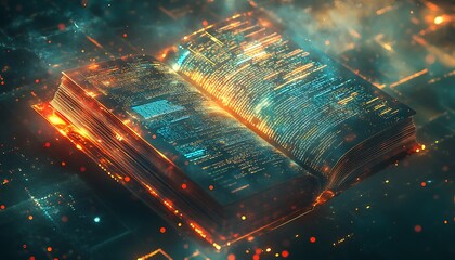 Poster - Abstract Digital Book with Holographic Pages and Machine Learning Diagrams in Glowing Data Space