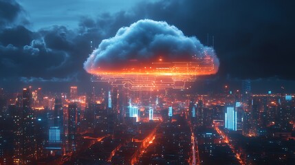 Poster - Futuristic Cloud Above City Skyline with Glowing Data Streams Representing Integrated Cloud Computing