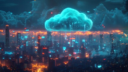 Poster - Futuristic Cloud Above City Skyline with Glowing Data Streams Representing Integrated Cloud Computing