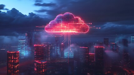 Poster - Futuristic Cloud Above City Skyline with Glowing Data Streams Representing Integrated Cloud Computing