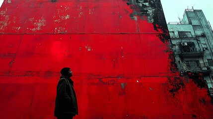 Canvas Print - Silhouette of a Man Walking in Front of a Red Wall