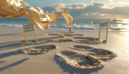 Wall Mural - Melodic Footprints on Sand with Floating Cream and Gold Fabric in Ethereal Harmony