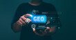 © krungchingpixs - Generative Engine Optimization (GEO) concept. Businessman use generative engine optimization on smartphone for view search results from internet network. Ai smart search.